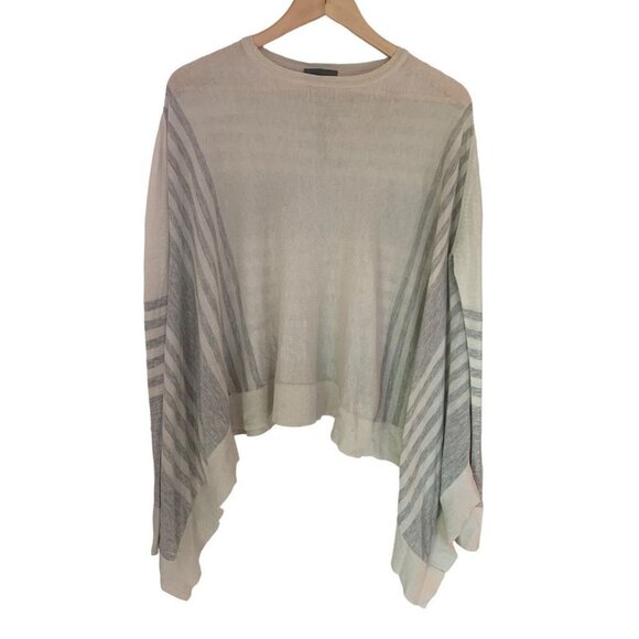 Theonne Silk Wool Blend Oversized Gray Cream Striped Shark Bite Hem Sweater M - Picture 1 of 10